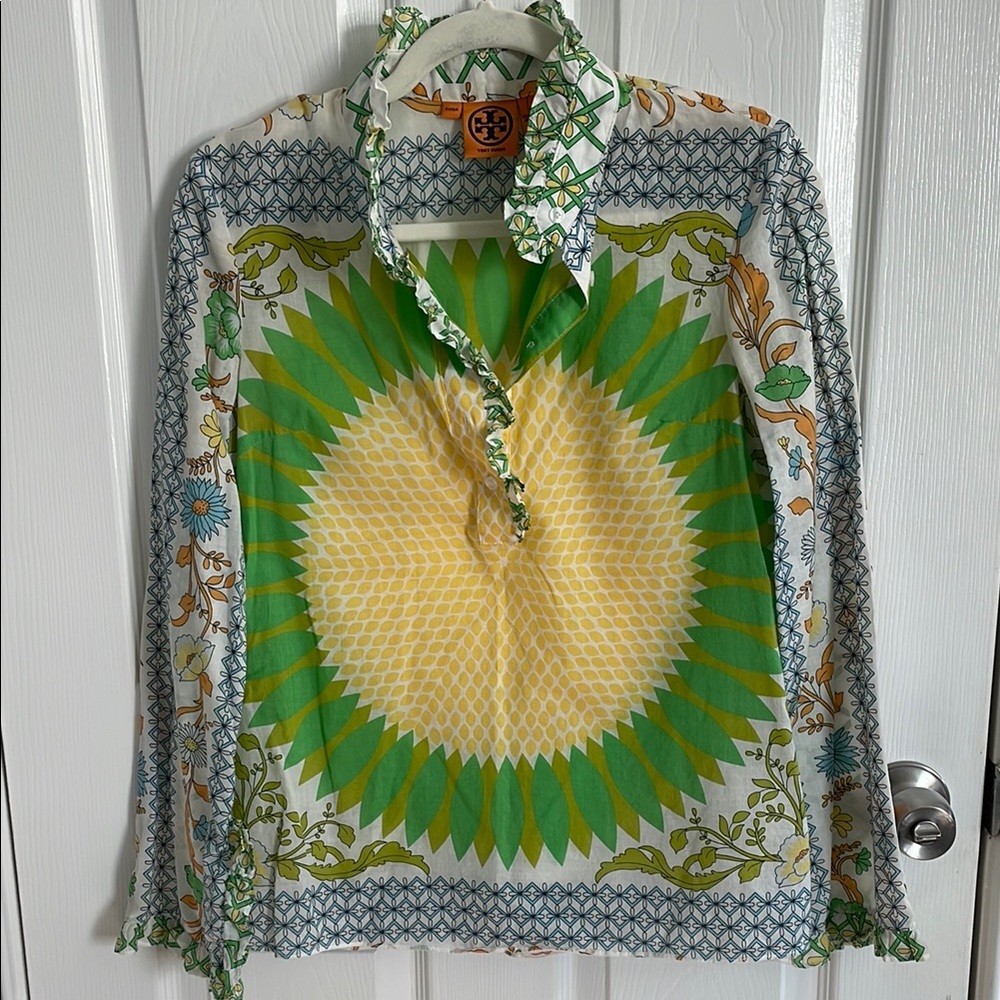 Tory Burch Yellow and Green Button Down Shirt with Notched Collar